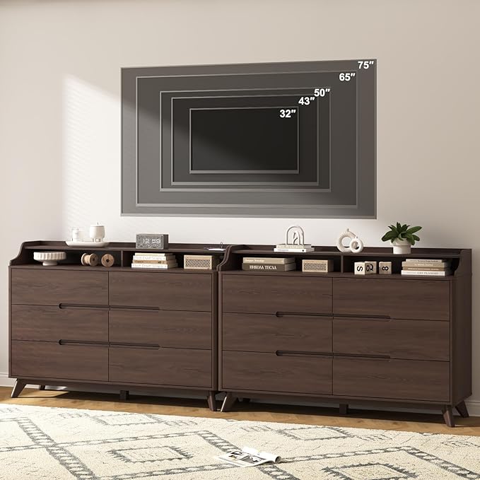 Dresser for Bedroom with 6 Drawers, 55" Large Dresser & Chest of Drawers with Charging Station, Wood Closet Clothes Storage Long Dressers Organizer for Bedroom Living Room Hallway (Brown)
