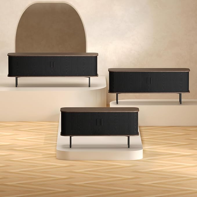 55" Modern Fluted TV Stand for TVs up to 65 Inch, Gaming Entertainment Center with Tambour Slatted Sliding Doors and Storage Cabinet, Media TV Consoles Table for Living Room, Office, Black