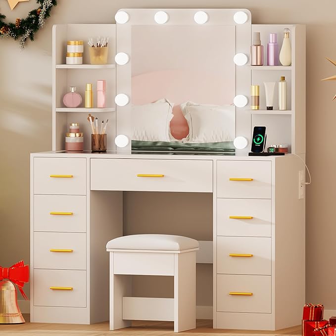 BEWISHOME Makeup Vanity Desk with Mirror and Lights White Vanity Table with Glass Top Power Outlet Stool,Makeup Desk with 9 Drawers and 4 Storage Shelves,Dressing Table for Bedroom Women FST39W