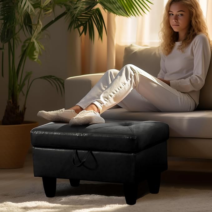 Ottoman Rectangular Storage Ottoman Bench, Faux Leather Footrest, Coffee Table, Stool Footstool with Hinged Lid for Living Room, Bedroom, Entryway, Black, 28.5"x19"x17.5"