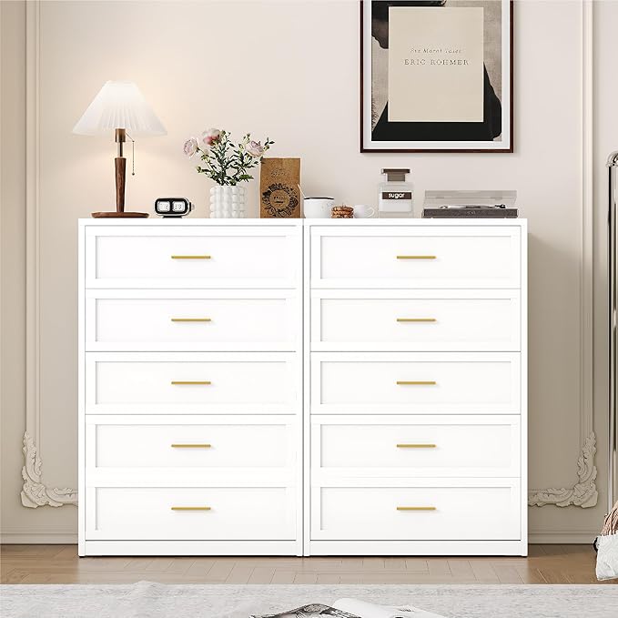 Metal Dresser with 5 Drawer,48" Tall Chest of Drawers with Wide Metal Handle,Drawer Organizer for Bedroom,Living Room,Hallway and Entryway,White