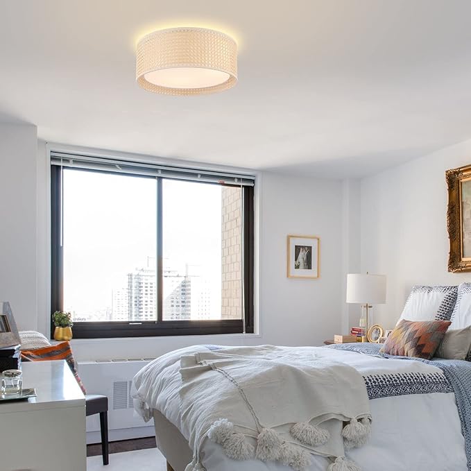 WINGBO 20" Modern 5-Light Flush Mount Ceiling Light Fixture with Rattan & Fabric Double Drum Shade for Bedroom Living Room Dining Room Hallway Entryway, Khaki