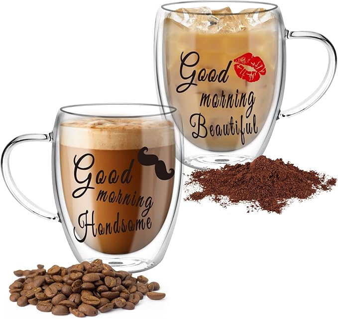 Double Wall Glass Coffee Mugs Set, Clear Insulated Glass Mugs for Hot Beverages, Suitable for Tea, Latte, Espresso, Cappuccino (12 oz Couple)