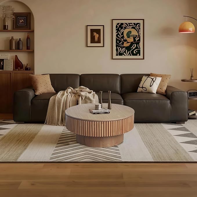 Round Coffee Table for Living Room,Fluted Drum Accent Tea Center Table with Storage,Circle Modern Coffee Tables for Small Space Office Apartment (31.5" L×31.5''W×14''H-Natural)
