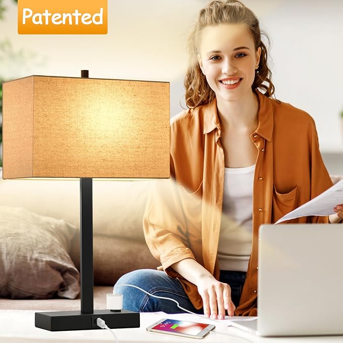 21" Touch Bedside Lamps with 2 USB & AC Outlets, 3-Way Dimmable Bedside Table Lamps Set of 2 for Bedroom Living Room Office Reading, Beige Linen Shade Lamps for Night Stands, 2700K LED Bulbs Included
