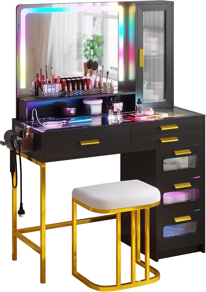 HENBC Vanity with Mirror and LED Lights, Glass Top Vanity Desk with Charging Station(Wireless+USB+Type-C), RGB Makeup Table Set with Stool/Makeup Organizer/6 Drawers for Bedroom,Black