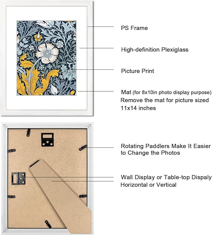 11x14 Picture Frame Set of 9 for Pictures 8x10 with Mat or 11x14 Without Mat, Wall Gallery or Tabletop display Photo Frames in White