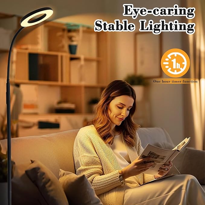 LED Floor Lamp, 12W/1000LM Reading Light, 3 Color Temperatures Bright Floor Lamp, Adjustable Gooseneck Standing Lamp with Remote & Touch Control for Living Room, Bedroom, Office(Black)