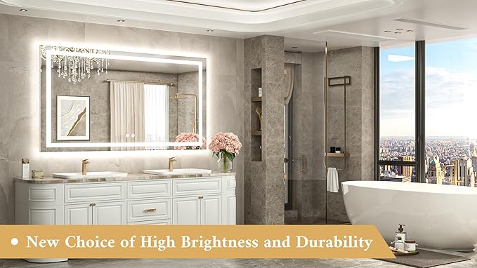 TETOTE 55 x 30 LED Bathroom Mirror with Frontlit and Backlit, Brighter Light up Bathroom Vanity Mirror with Lights, 3-Color Dimmable Lighted Vanity Anti Fog Mirror, Waterproof, Shatterproof