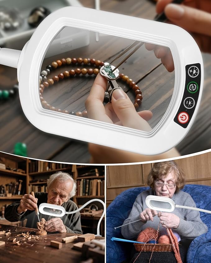 10X Rectangle Magnifying Glass with Light and Stand, 24" Flexible Gooseneck 3-in-1 Floor Lamp, 5 Color Modes Stepless Dimmable, LED Lighted Hands Free Magnifier for Reading Painting Close Work - White