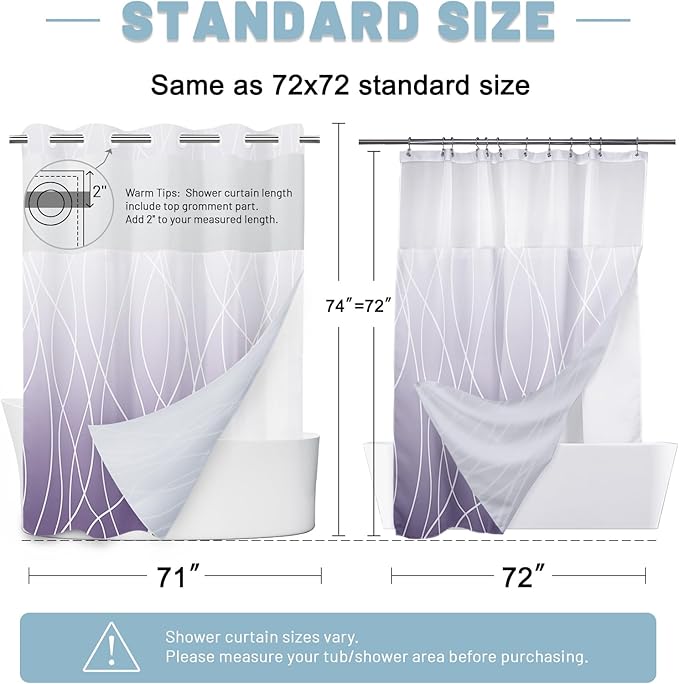 No Hook Ombre Purple Striped Shower Curtain with Snap in Liner Set - Hotel Shower Curtain and Liner Set with See Through Mesh Top Window,Machine Washable, 71x74 INCH