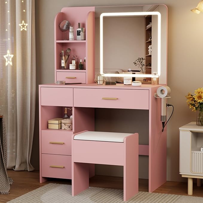 Vanity Desk with Mirror and Lights, 3 Lighting Colors and Power Outlet Makeup Vanity Desk with 5 Large Drawers and 3 Storage Shelves, Pink Vanity with Storage Stool for Bedroom