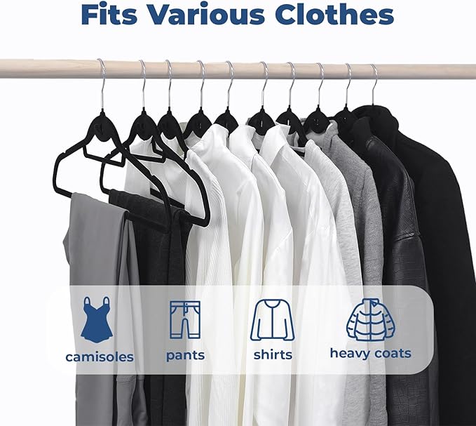 Black Velvet Hangers 50 Pack, Felt Covered Non Slip Fabric with Stackable Cascading Hook, Ultra Thin and Space Saving with 360° Swivel Neck, 15Lbs Capacity for Clothes, Suit, Shirt, Coat