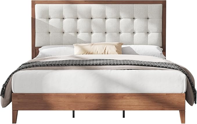 AMERLIFE Full Size Solid Wood Bed Frame with Tufted Headboard, Mid-Century Style, No Box Spring Required, Easy Assembly, Walnut