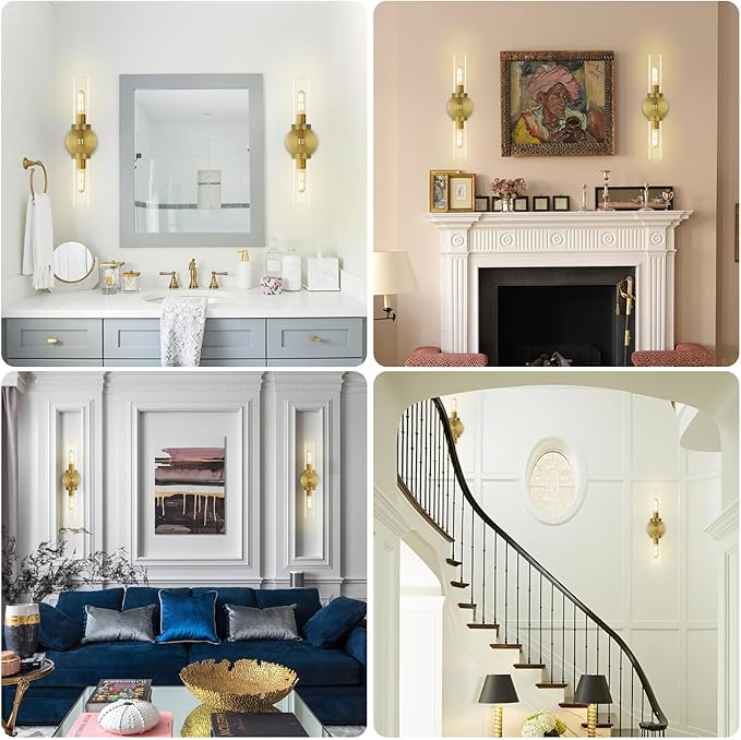 2-Light Brass Knurled Wall Sconces, Glass Sconces Wall Lighting indoor, Gold Bathroom Vanity Light Sconces, Wall Lights for Living Room Bedroom Hallway Kitchen Bathroom Mirror, Including Bulb