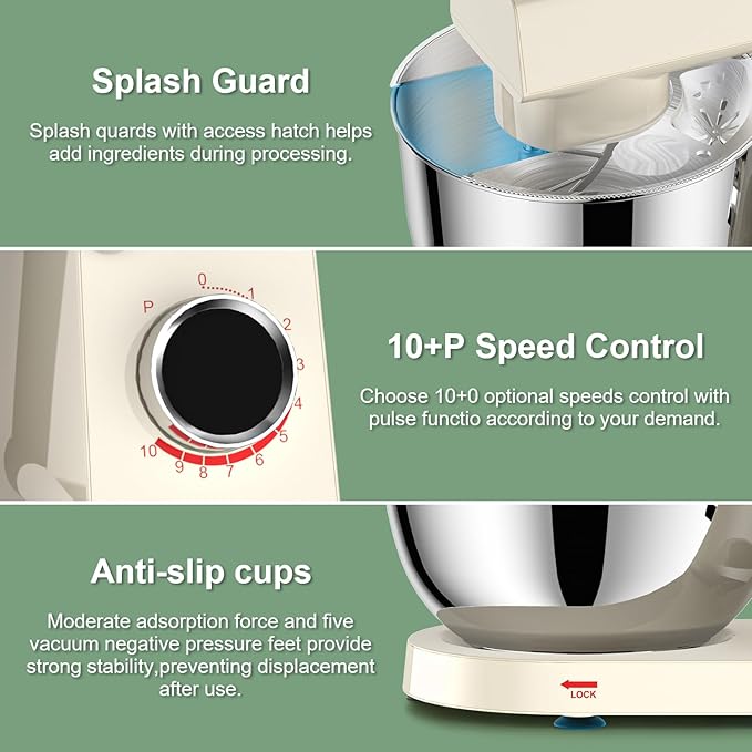 HOWORK Stand Mixer,10+p Speeds With 5.5QT Stainless Steel Bowl,Dough Hook, Wire Whip & Beater,for Most Home Cooks,Cream White