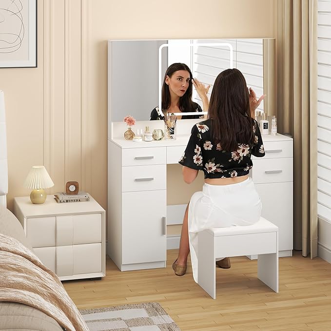 Vanity with Mirror and Lights, Vanity Tables with 7 Drawers, 3 Colors Lighting Makeup Vanity with Tri-Folding Mirror and Cushioned Stool, Big Vanities Perfect for Bedroom, White