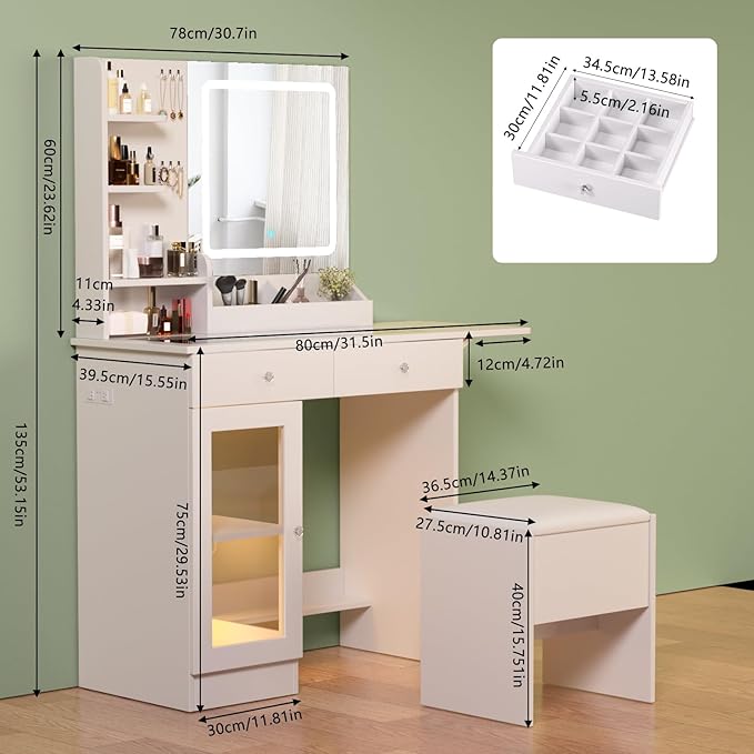 Vanity Desk with Mirror and Lights, Glass Top & Power Outlet | Makeup Vanity Set with Chair | Small Dressing Table with 2 Drawers and Cabinet Storage for Bedroom(White)