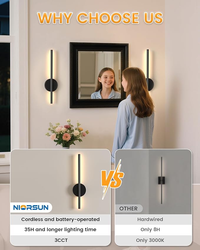 NIORSUN 15.7 Inch Battery Operated Wall Sconce Set of 2, Black Minimalism Rechargeable Wall Lights with Remote, 3CCT Dimmable Wireless Wall Lamp for Living Room Bedroom Hallway