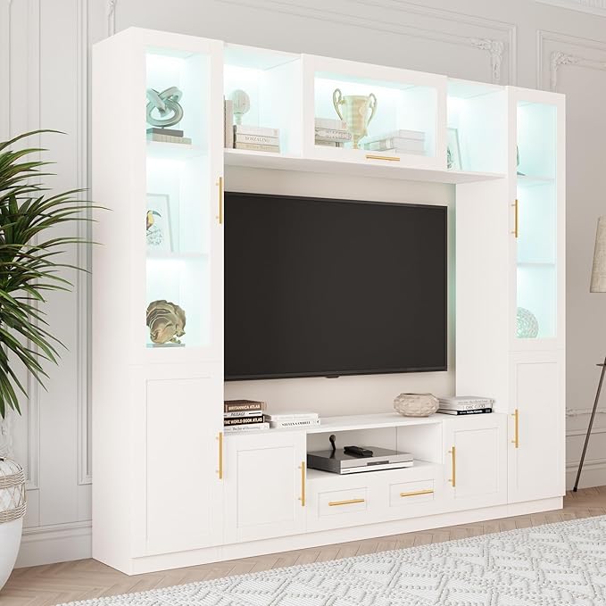 94" Wall Unit Entertainment Center for TVs up to 70", Modern TV Console with LED Lights, Multifunctional TV Stand with Tempered Glass Door, Drawers & Shelves for Living Room, White