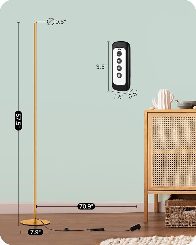 EDISHINE LED Floor Lamp with Remote, 57.5" Minimalist Dimmable Slim Corner Light, Tall Floor Lamps for Living Room, Bedroom, Office, 3000K Warm White Light (Silver)