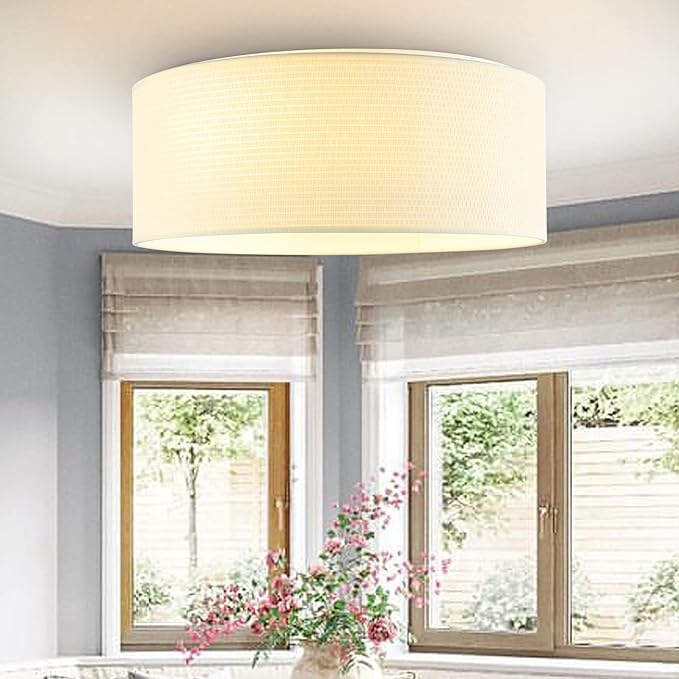 WINGBO 15.7" Modern 3-Light Flush Mount Ceiling Light Fixture with Fabric & Acrylic Double Drum Shade for Bedroom Living Room Dining Room Hallway Entryway, Beige