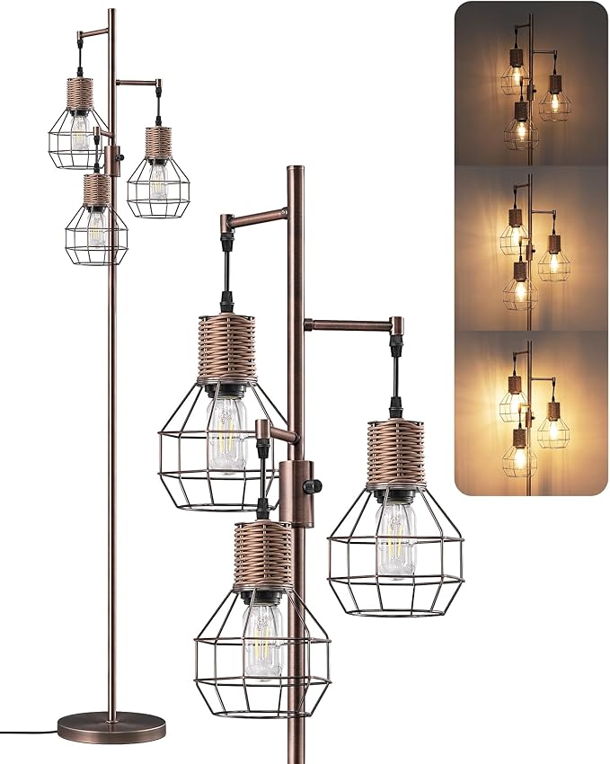 EDISHINE Dimmable Rustic Floor Lamp, Farmhouse Standing Lamp with 3 LED Edison Bulbs, Rattan Design Floor Lamps for Living Room, Bedroom, Reading Corner, Office, Electroplated Brushed Red Copper