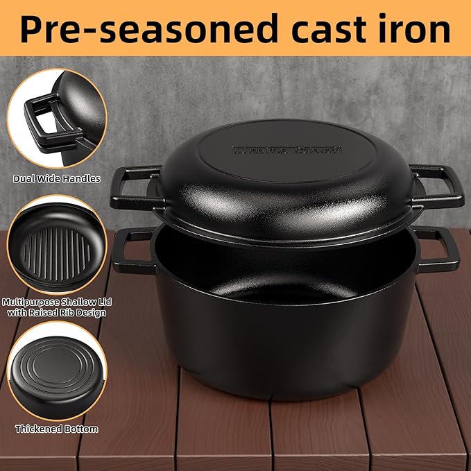 2-in-1 Pre-Seasoned Cast Iron Double Dutch Oven Pot with Skillet Lid & Silicone Sleeves – Raised Rib Skillet Lid– Umite Chef 7QT Cast Iron Skillet Cookware Pan Set wirh Dual Handles – Oven, Grill, Campfire & Stovetop Safe –PFAS-Free