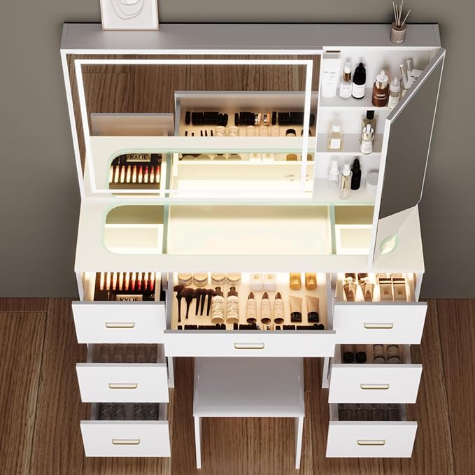 Vanity Desk with Mirror and Lights,Makeup Vanity Table with Glass Top and 7 Drawers&Cushioned Stool,Dressing Table with Drawers, Bedroom Makeup Desk for Women (White-Glass top)