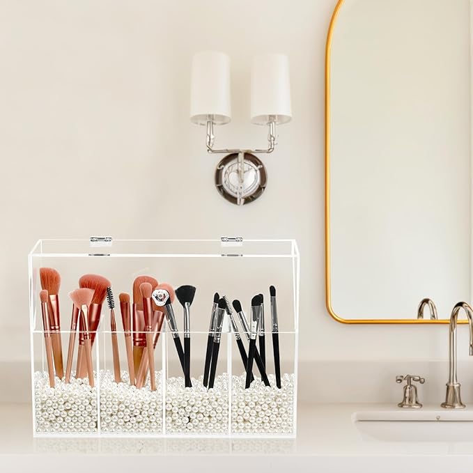 Acrylic Makeup Organizer, Clear Cosmetic Brush Storage Box With 4 Brush Holders,Makeup Brush Holder with Dust Cover, Large-capacity Split Design Can Quickly Organize the Desktop(No pearls)