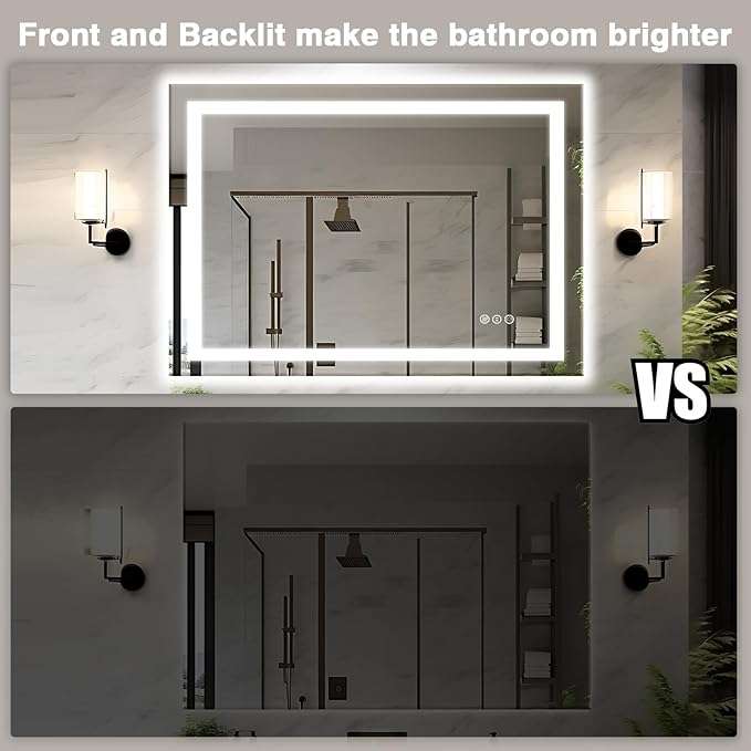 48"x36" LED Bathroom Mirrors for Wall, Front and Backlit Mirror, Anti-Fog Vanity Mirror with Lights, Stepless Dimmable Lighted Mirror, 3 Colors Smart Mirror (Horizontal/Vertical)