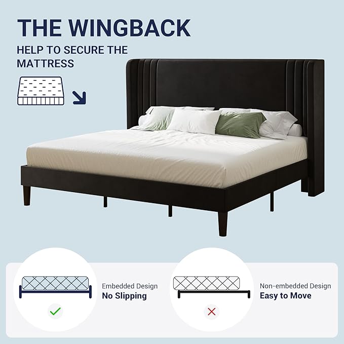 Allewie King Size Velvet Platform Bed Frame with Vertical Tufted Wingback Headboard, Easy Assembly, Under Bed Storage, No Box Spring Required, Modern Style, Black