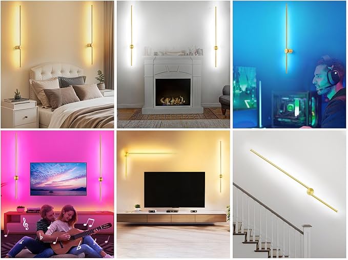 39.4 Inch Battery Operated Wall Sconces Set of Two, 12000mAh Rechargeable Wall Sconce with Remote Control, Dimmable LED Wireless Wall Lights for Bedroom, Living Room, 15 Colors, 180ยฐ Rotate, Gold