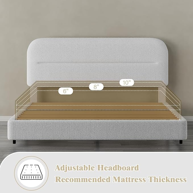 HOMBCK King Size Boucle Bed Frame, White Upholstered Platform Bed Frame King with Soft Headboard, Thickened Footboard, Rounded Corners, No Box Spring Required, Easy Assembly, White