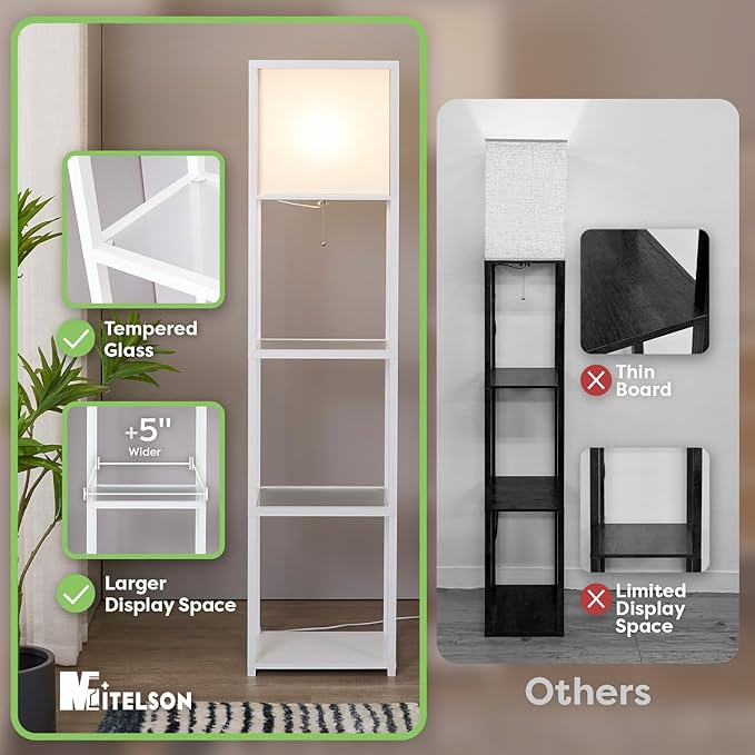 Floor Lamp with Shelves, Modern Standing Lamp with Tempered Glass, Large Display Shelf Lamp, Tall Lamps with Shelves for Living Room, Bedroom, Office, White