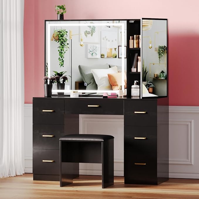 Vanity Desk with Mirror and Lights, Makeup Vanity Set with 7 Drawers & Cushioned Stool, Hidden Cabinet, Brightness Adjustable, Vanity Table for Bedroom, Dressing Room, Women,Black (Black)