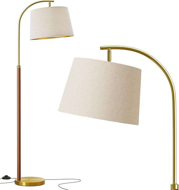 62.5" Gold Floor Lamp for Living Room Dimmable Standing Lamp with Remote & Foot Switch, 3 Color Temperatures Arc Tall Lamp Wood Mid Century Modern Floor Lamps for Bedroom Office, 9W Bulb Included