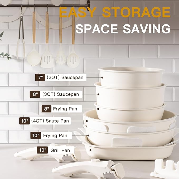 Astercook 23 Pcs Pots and Pans Set Non Stick, Ceramic Cookware Set Detachable Handle, RV Kitchen Cooking Set Removable Handles, Oven Safe, Induction Ready, Stackable Non-stick Set, Cream White