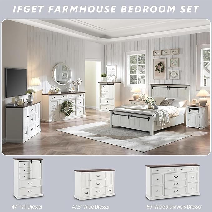 Farmhouse 5 Drawers Dresser for Bedroom, Wood Rustic Storage Organizer Closet Chest, Chest of Drawers w/Groove Barn Door&Shelf for Closet, Living Room, Dining Room, Hallway-White