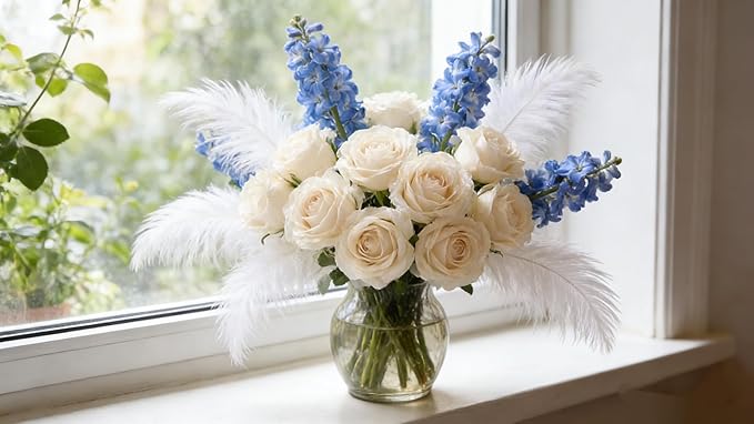 Kimura's Cabin 12pcs Lifelike Faux White Roses Artificial Plastic Silk Rose Long Stem Fake Roses Bouquet for Valentines Day Home Centerpiece Wedding Party DIY Decoration (White)
