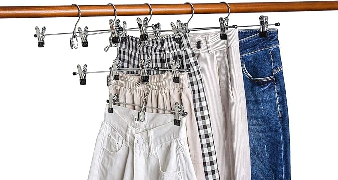 Amber Home 12 Pack Heavy Duty Add on Metal Pants Skirt Hangers, Stackable Add-on Metal Clothes Hangers with 2-Adjustable Clips, Cascading Clip Hangers Space Saving for Jeans, Slacks