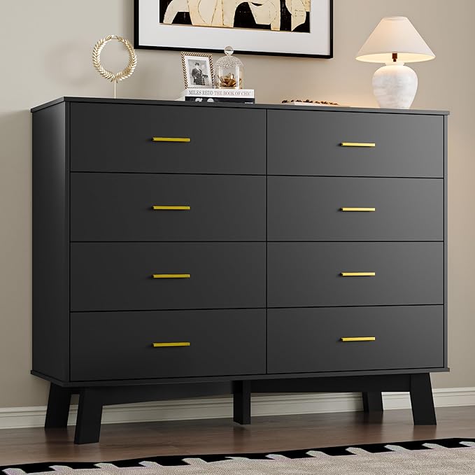 Dresser for Bedroom with 8-Drawer, 37" Tall Modern Chest of Drawers with Metal Handles, X-Shape Base & Adjustable Center Leg, Anti-Tip Closet Organizers and Storage