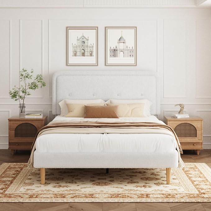 Queen Size Boucle Platform Bed Frame, Anti-Collision Soft Rounded Corners, Adjustable Headboard, No Box Spring Needed, Easy Assembly, Noise Free, White