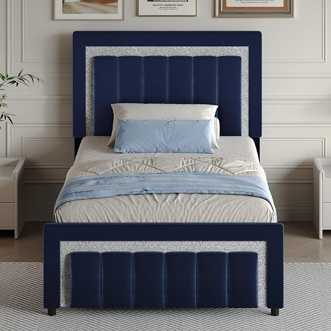 HOMBCK Twin Bed Frame with Headboard and Footboard, Upholstered Bed Frame Twin Size with Diamond Design, No Box Spring Needed, Easy Assembly, Blue