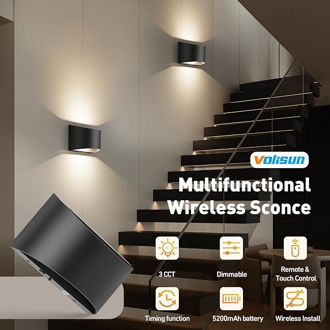 VOLISUN No Hardwired Wall Sconces, Modern Wall Sconces Battery Operated with Remote, 3000K-6500K Dimmable LED Wall Lamps, Wireless Wall Lights for Bedroom, Living Room, Hallway, Corridor(2 Pack)