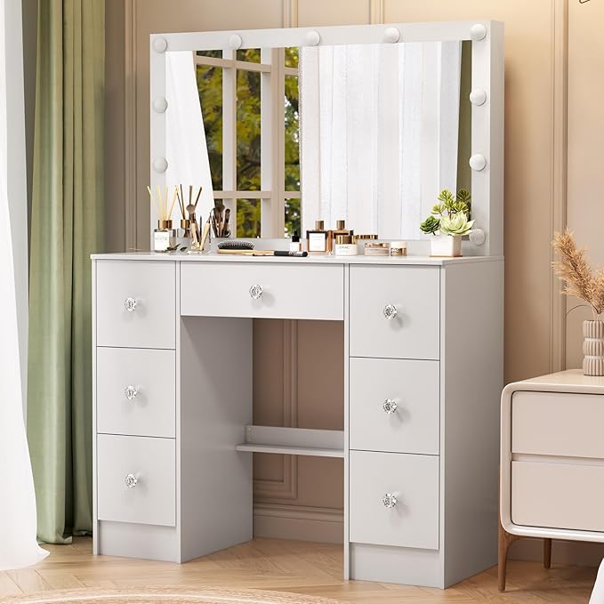 JBLCC Vanity Desk with Mirror and Lights, 39.4''W White Makeup Vanity with 3-Color Lighted Mirror, 7 Drawers & Open Shelves, Big Vanity Table for Bedroom, Girls & Women