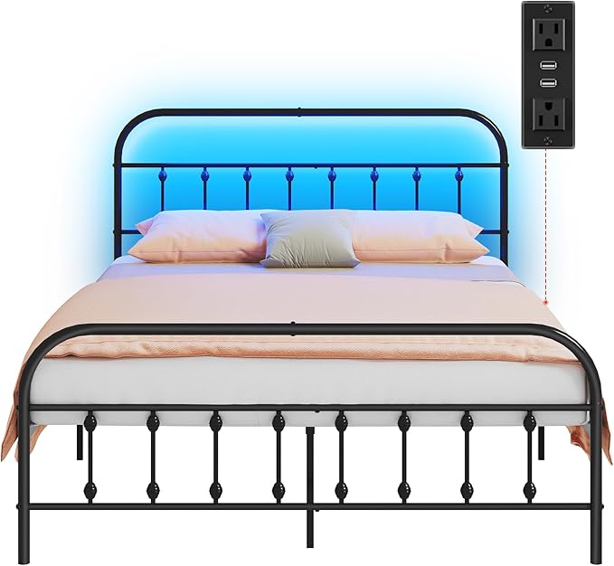WLIVE Queen Bed Frame with Headboard, Bed Frame Queen Size with LED Lights and Charging Station, Metal Bed Frames with Storage, Black