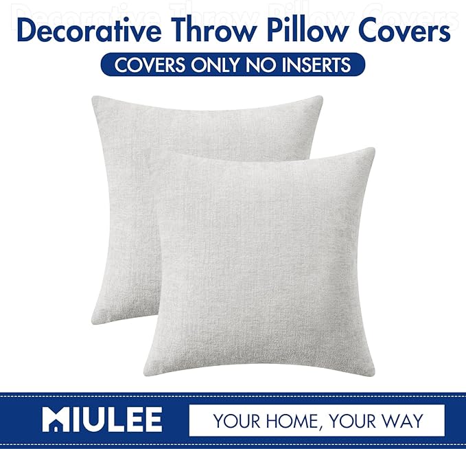 MIULEE Pack of 2 Light Gray Throw Pillow Covers 20x20 Inch Soft Chenille Pillow Covers for Sofa Living Room Couch Solid Dyed Cases