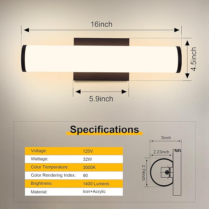 Kalium 16in Modern Wall Sconces, Dimmable Bathroom Vanity Lights, 3000K Warm White LED Indoor Sconces Lighting for Bathroom, Stairs, Living Room, Bedroom. Hardwired.