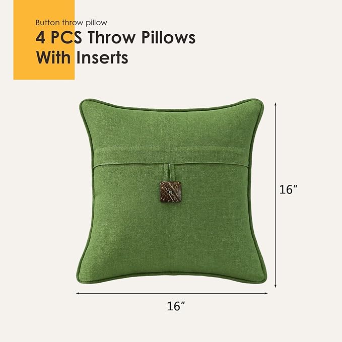 Outdoor Decorative Pillows with Coconut Button Pack of 4, 16" x 16" Outdoor Pillow Set for Couch Bed Throw Patio Sofa, Grass Green